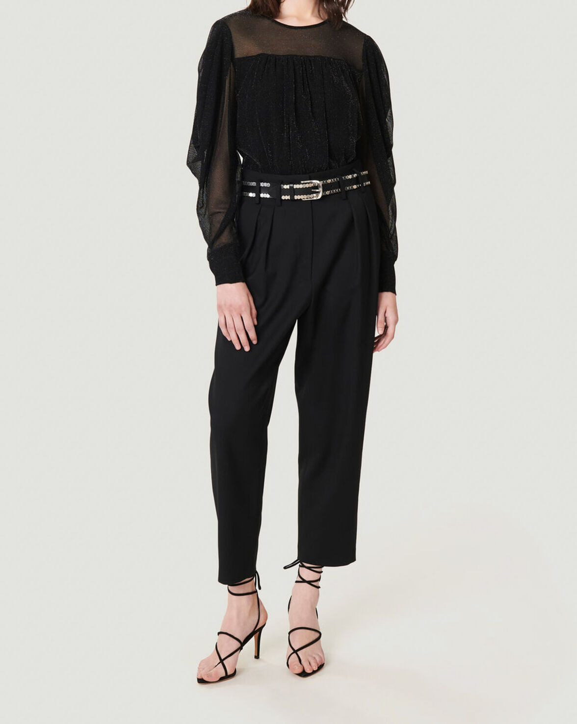 BRENNER SHEER METALLIC DRAPED KNIT TOP image number null